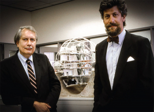 LARRY BELL AND GUILLERMO TROTTI WITH LUNAR HABITAT MODEL